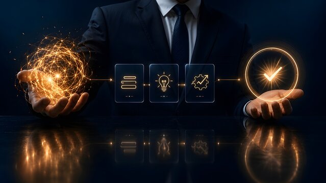 Global business strategy: A professional's hands demonstrate the journey from complex data and innovative concepts, through optimized processes, towards successful solution implementation.