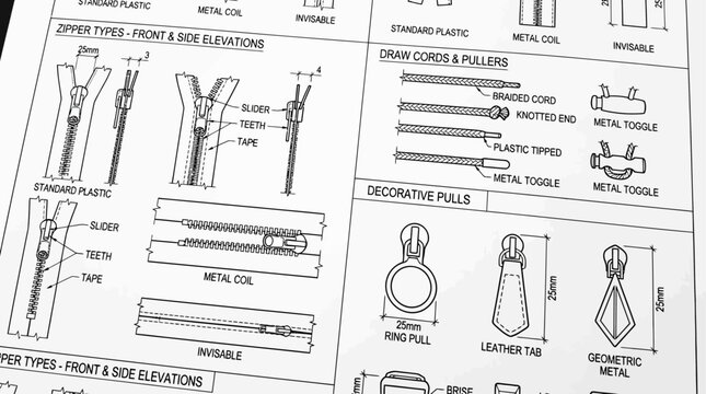 Set of diverse metal and plastic zipper fastener pulls with cord drawstring sliders for fashion apparel design CAD illustration isolated on white background for freelance garment manufacturing