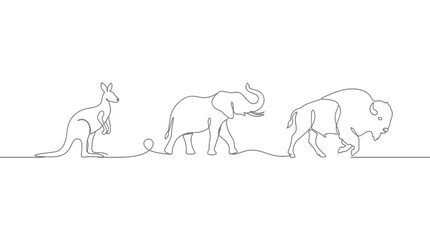 Obraz premium Collection of diverse animal silhouettes featuring black vector shapes of Australian African and American wildlife species isolated on white background in wide panorama format