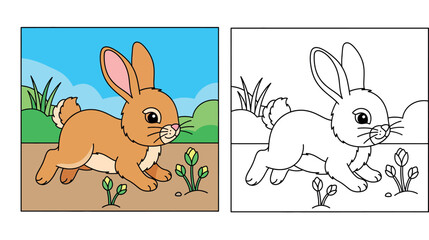 Fototapeta premium Cute Cartoon Running Brown Rabbit in a Spring Meadow Coloring Book Page Illustration with Flowers