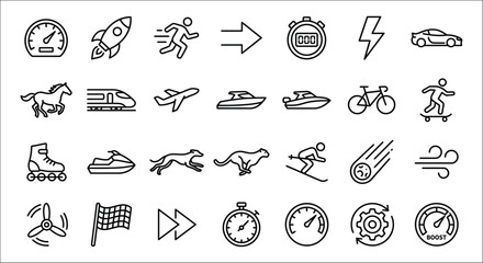 Collection Of Transportation And Speed Related Line Icons On A White Background velocity movement art outline symbols © Icon Zone