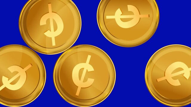 Golden Ghana Cedi coins falling and bouncing on a blue background with an included matte channel. Perfect for finance, investment, wealth, and African business concepts.