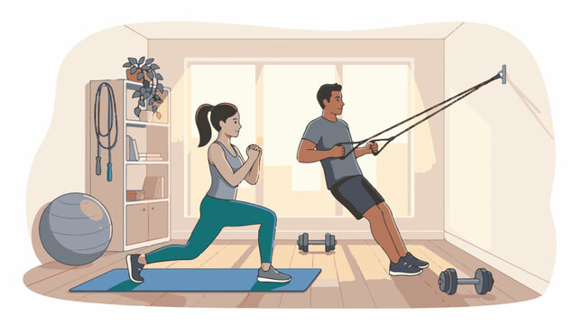 Couple exercising indoors with weights resistance bands and yoga ball