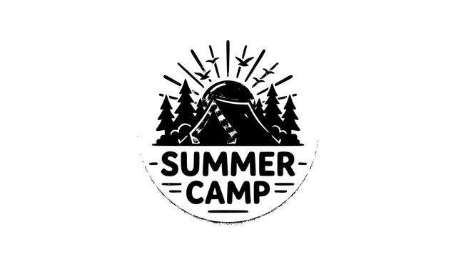 Vintage style summer camp emblem with a tent pine trees and rising sun illustration