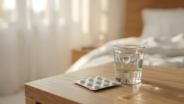 Pills and water glass on bedside table