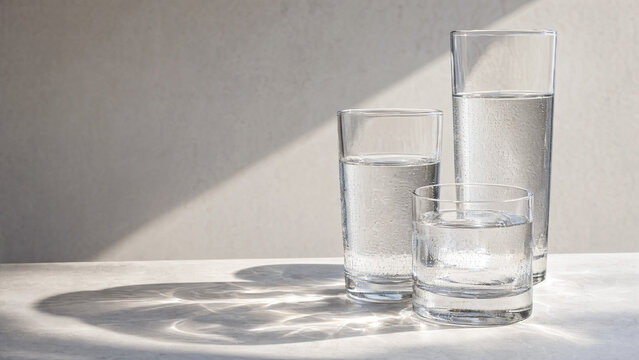 Condensation covered drinking glasses in sunlight