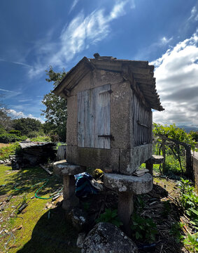 Traditional stone horreo granary on Camino de Santiago in Spain