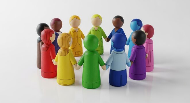A circle of vibrant multicolored wooden peg figures standing on a surface, representing global unity, togetherness, and social harmony, miniature, background, abstract