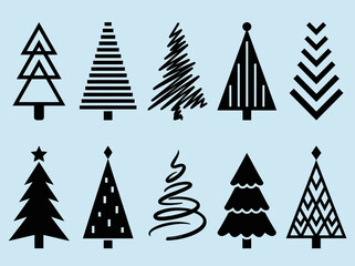 Obraz premium Minimalist Black Christmas Tree Icon Set - Geometric and Abstract Holiday Fir Tree Silhouettes