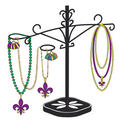 Mardi gras jewelry display stand with beaded necklaces and fleur de lis pendants © megia