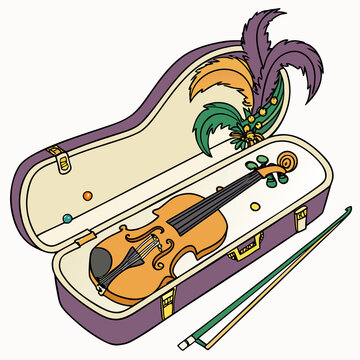 Violin in hard case decorated with elegant carnival feathers, instrument
