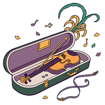 Illustration of a violin resting in an open case with musical notes, instrument