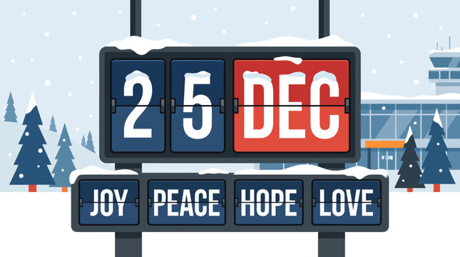 A split-flap display showing "25 DEC" and "JOY PEACE HOPE LOVE" in a snowy winter landscape with an airport building in the background.