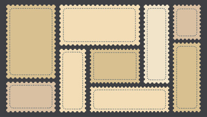 Fototapeta premium Minimalist beige postage stamp frame set vector illustration. Clean cottagecore design bundle features blank perforated labels with elegant dotted outlines for aesthetic branding, nostalgic scrapbooki