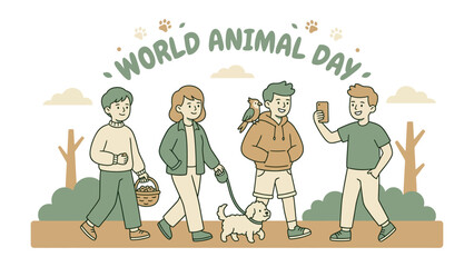 World Animal Day Celebration: A group of friends joyfully celebrate World Animal Day, walking with their beloved pets and a parrot, embodying compassion and love for all creatures.