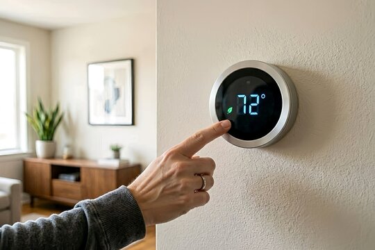 A hand adjusts a smart thermostat displaying 72&deg;F on a wall, demonstrating energy-efficient climate control, home automation, and modern smart home technology