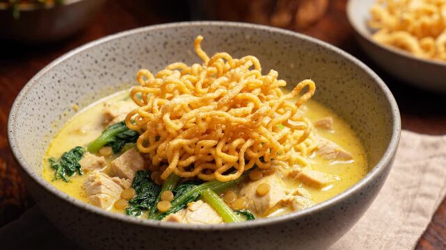 Close up of a person using tongs to add crispy noodles to a bowl of curry soup with chicken and greens.