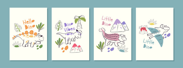 Hand Drawn Cute Dinosaur Wall Art Print Set for Baby Nursery and Kids Bedroom Decorative Doodle Vector Illustration © ozy