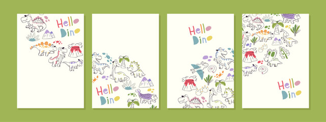Cute Dinosaur Notebook Cover and Journal Design Set with Hand Drawn Doodle Characters for Kids School Stationery Vector Illustration © ozy