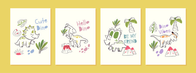 Colorful Dinosaur Wall Decor Poster Bundle with Hand Drawn Doodle Vector Illustration for Kids Room, Nursery, and Educational Playroom Prints © ozy