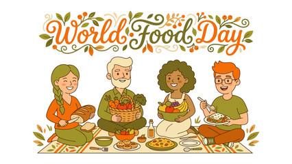 Fototapeta premium A Joyful Gathering for World Food Day: Four people from diverse backgrounds sit together on a picnic blanket, sharing a feast of delicious food and celebrating World Food Day with smiles and laughter.