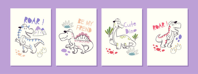 Cute Dinosaur Wall Art Poster Set with Hand Drawn Doodle Vector Illustration for Kids Bedroom, Nursery Room, and Playroom Decor © ozy