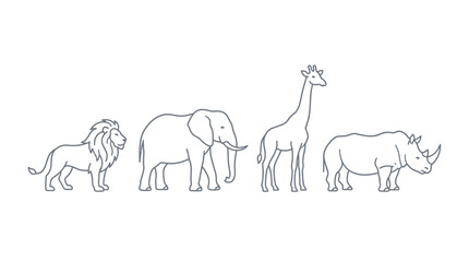 Obraz premium Minimalist Vector Illustration Set of African Wildlife Outlines Including Elephant Lion Giraffe and Rhino Profile Icons Isolated on White Background for Simple Nature Design Layouts