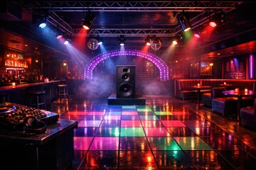Fototapeta premium Disco lights illuminate the dance floor in this vibrant club scene