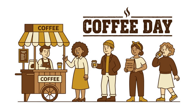 Coffee Day Cart: A vibrant illustration depicts a coffee cart with a vendor serving eager customers in a cheerful line, celebrating the joy of coffee.