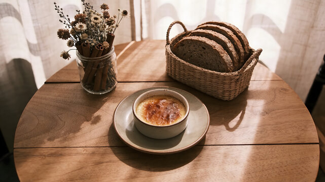 Creme brulee with sliced whole grain bread and dried flowers on wooden table