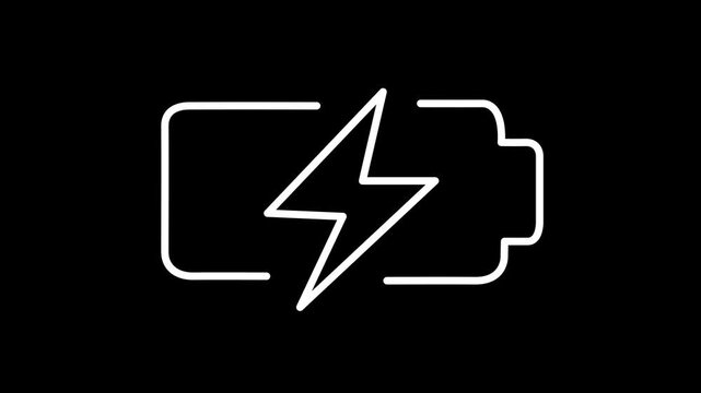 Animated battery charging icon with lightning bolt symbol for power level, energy status, quick charge, and electric on black.