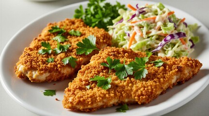 Fototapeta premium Golden fried chicken pieces with crumb coating sit beside creamy coleslaw salad on a white plate. Fresh parsley garnishes this savory meal, perfect for lunch or dinner.