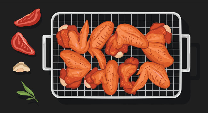 Top view of delicious spicy grilled chicken wings arranged on a metal cooling rack with tomato slices and garlic on the side.