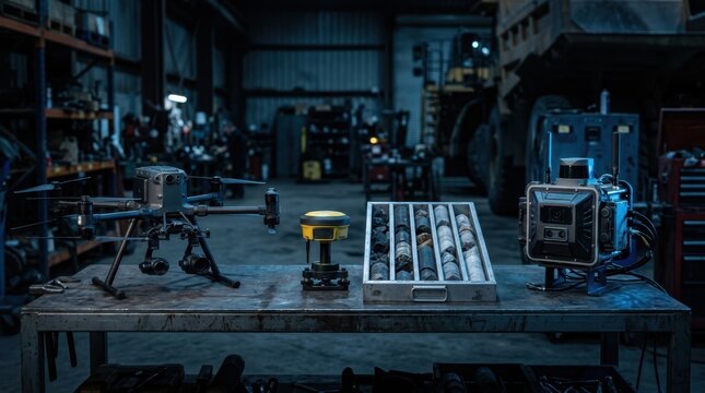 Mining technology setup with drone, RTK antenna, rock core tray, and autonomous haul truck sensor unit in a workshop.