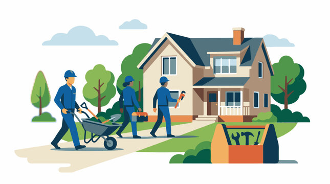 Crew with tools approaches house for repair and maintenance work