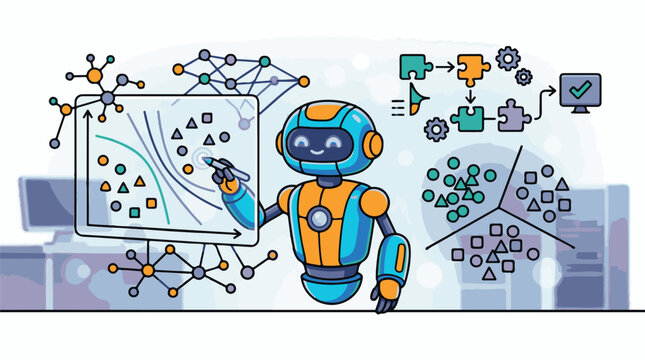 Cute robot drawing a data classification graph on a screen