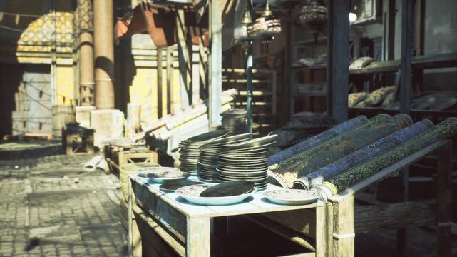 Sunlit market stall with stacked ceramics and plates on wooden table cobblestone alley, vintage crates and shelves, warm morning light casting long shadows,