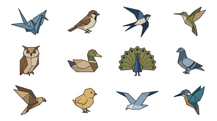 Fototapeta premium Vector illustration of geometric origami birds set featuring various wildlife animals in low poly style isolated on white background