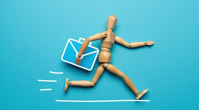 Wooden mannequin runs fast carrying briefcase. Object symbolizes being late for work deadline or rushing to an important meeting. Business concept art.