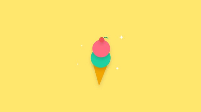 1080p Seamless Loop Cute Floating Ice Cream Cone Flat 2D Vector Animation Isolated on Yellow Background