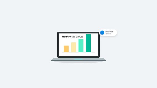 1080p 10s Loop Flat Design Laptop with Sales Growth Graph and E-Commerce Order Notifications