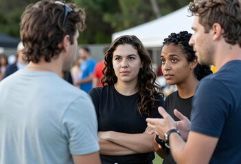 Fototapeta premium Group of diverse young adults discussing outdoors at community event
