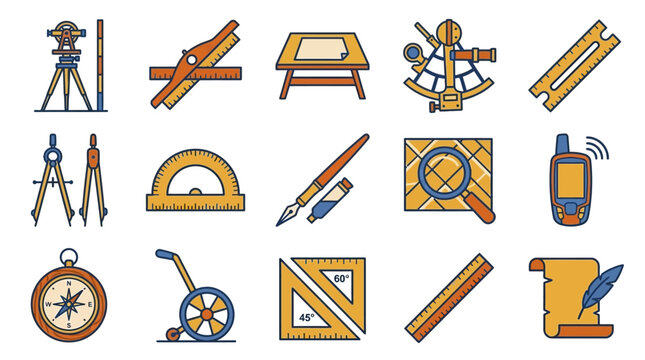 Vector illustration set of surveying, cartography, and geography tools, featuring classic mapping equipment and drafting instruments on white background.