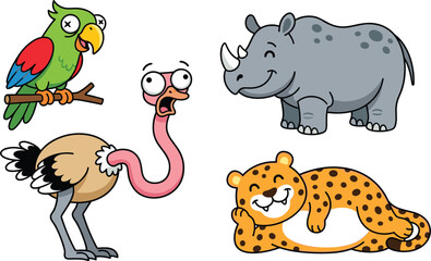 Fototapeta premium Cute Cartoon Wild Safari Animal Character Collection with Crazy Eyed Parrot Scared Ostrich Smiling Rhinoceros and Relaxing Leopard for Kids Designs