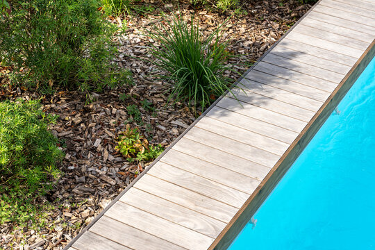 Plage de piscine en lames de bois exotique gris&eacute; bordant une eau bleue cristalline dans un jardin arbor&eacute;.