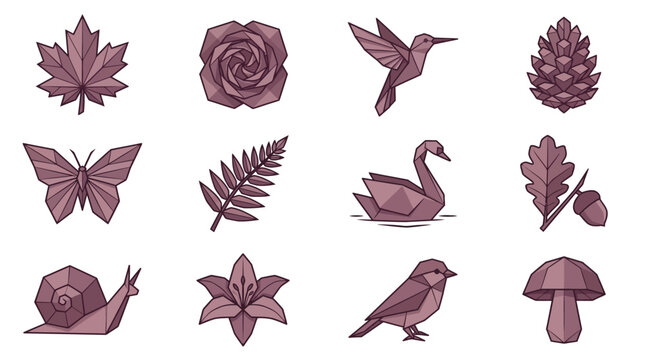 Set of low poly vector illustrations featuring various animals plants and natural objects in purple shades for nature and design themes