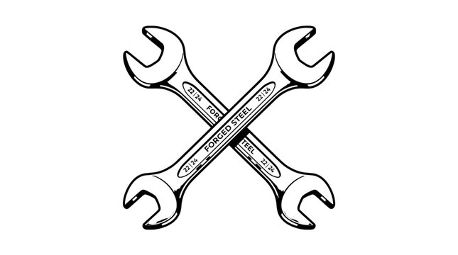 Vintage crossed wrenches vector illustration, forged steel double open end wrench set, retro mechanic tools for automotive repair and garage service logos
