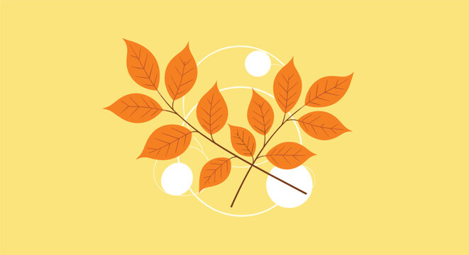 Branch with vibrant orange autumn leaves depicted on a warm yellow background with abstract white circles for a seasonal decorative design.