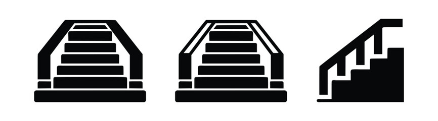 Staircase Icons Set, Stairs with Handrail, Steps, Indoor Stairway, Escalation and Building Access Glyph Collection, Architecture Navigation Symbols,Vector