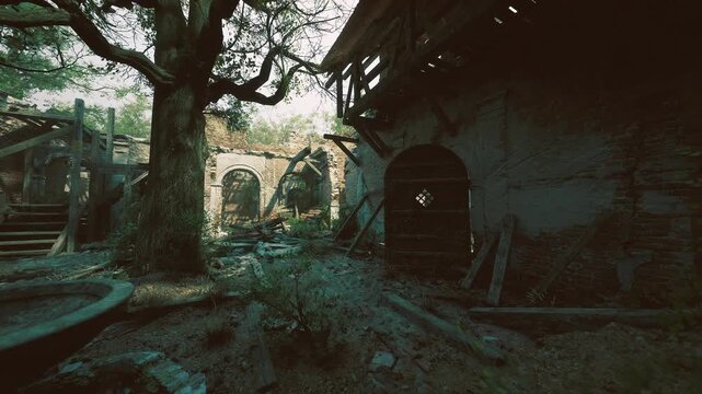 Shaded courtyard under massive oak tree, botanist studies root systems and moss creeping over stone path, scattered tools and beams, dappled light and tranquil